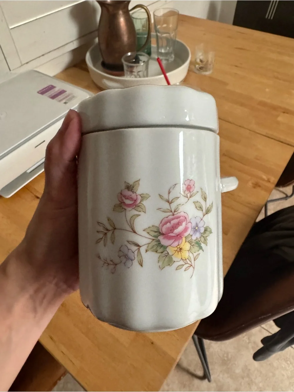 Vintage White Canister with Pink Rose Floral Design